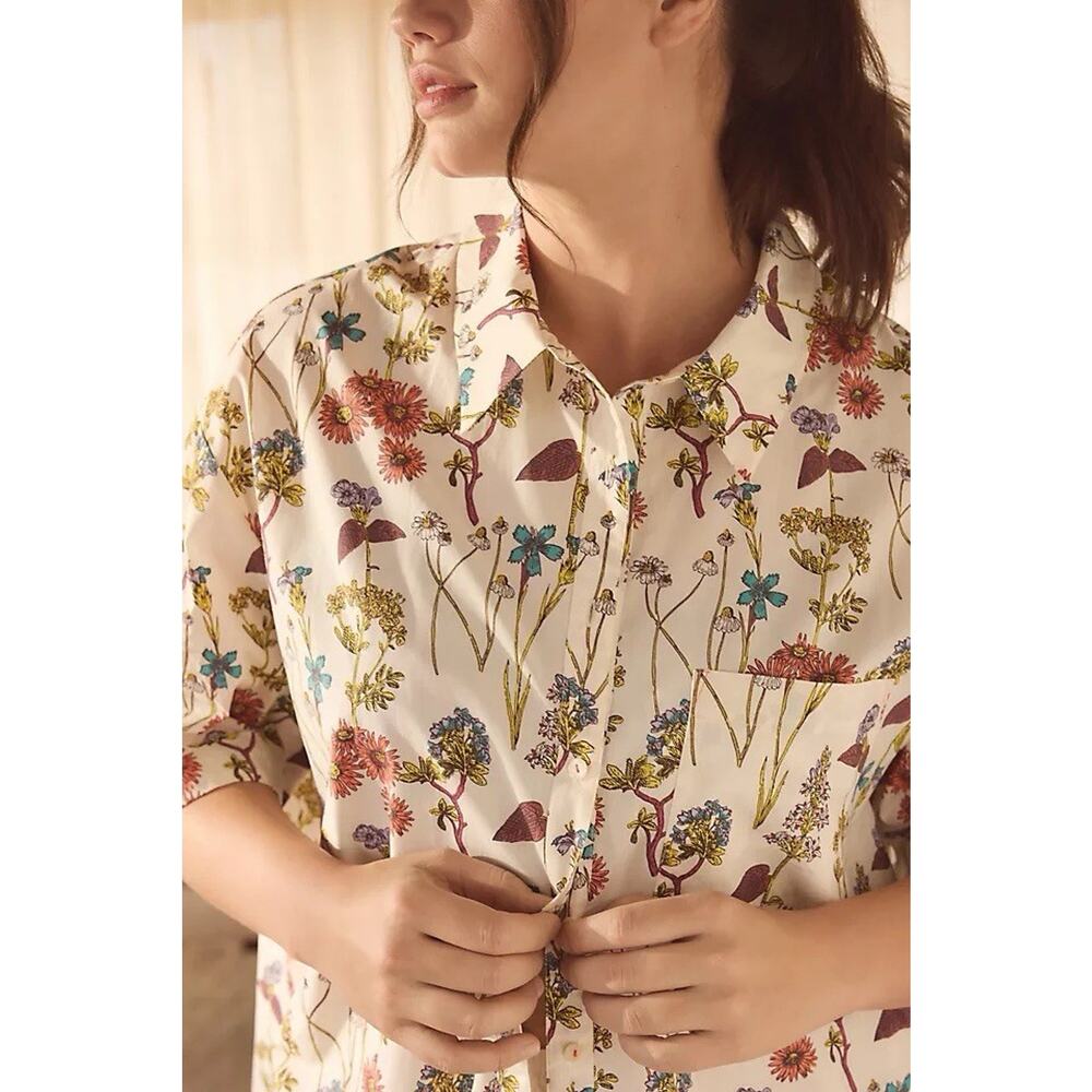 Anthropologie Women’s Floral Short Sleeve Pajama Top Cream Size Small NWT